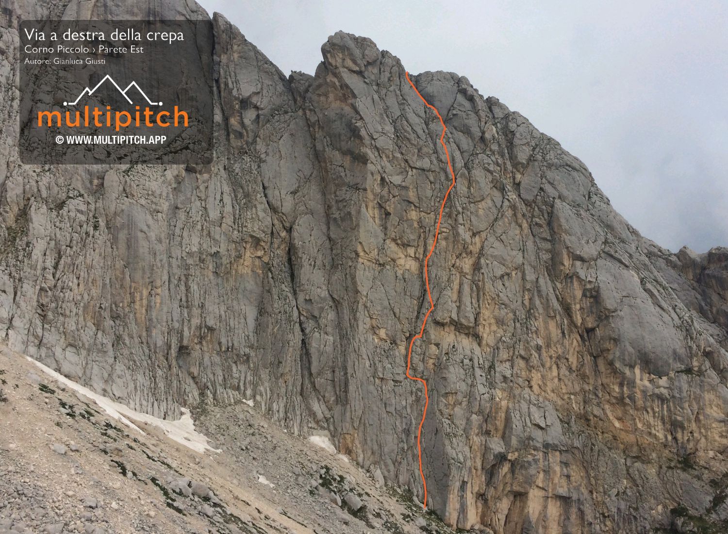 E’ una via classica del Corno Piccolo. La via sale per fessure e diedri e non è intuitivo il percorso; necessita un po’ di esperienza alpinistica. Le protezioni sono poche e spesso vanno rinforzate. La roccia è buona tranne che in alcuni tratti erbosi. Le soste sono tutte attrezzate ma anche queste