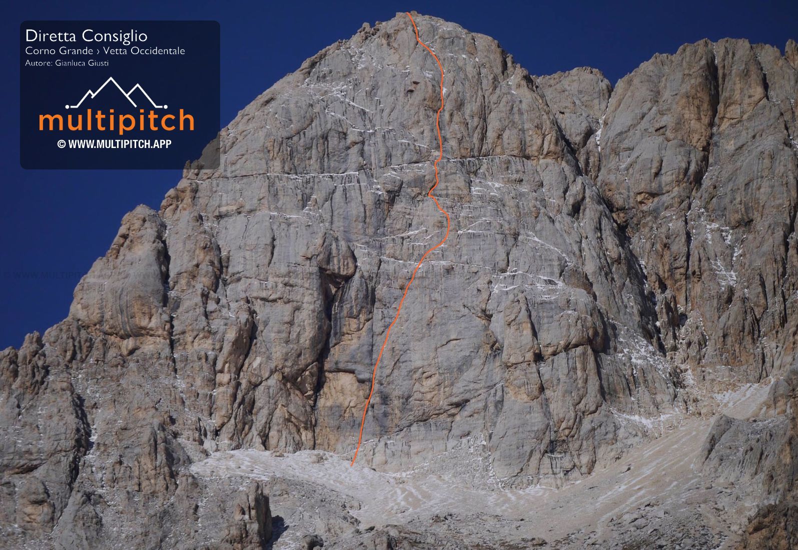 Dal punto di vista storico è la via simbolo della parete, uno dei primi sesti gradi al Gran Sasso. Percorre un sistema di fessure al centro della Est, a destra della Beppe Aldinio, ed è tra i più ripetuti della parete.  La roccia è discreta e le soste sono attrezzate a spit.  Nel 1954 Paolo Consigli