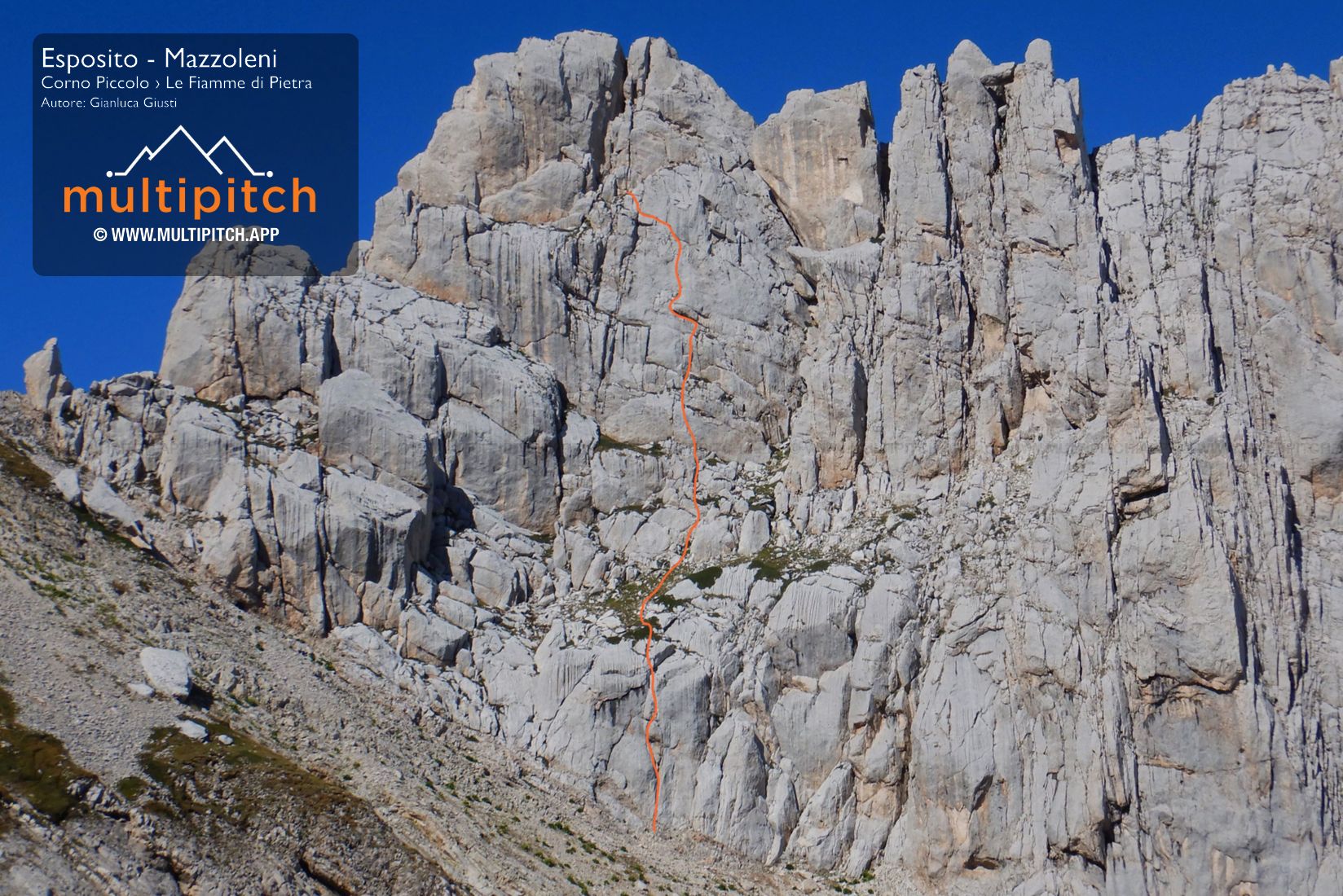 Itinerario divertente su roccia buona che attraversa la parete Est di Punta dei Due. La via è attrezzata, ma può essere utile un dado medio-piccolo sul terzo tiro.