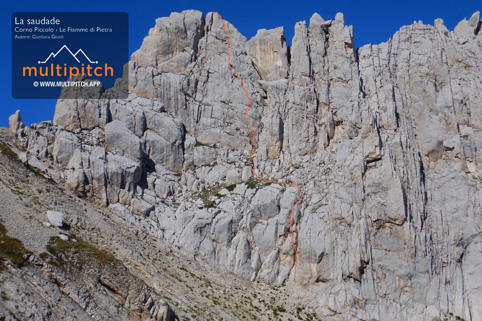 Piacevole via su roccia ottima; prende avvio per un diedro alla base del Torrione Aquila (Pilastro di Sinistra), ma poi si dirige verso Punta dei Due e la scala per il suo settore destro. I chiodi usati dagli apritori sono stati lasciati in parete.