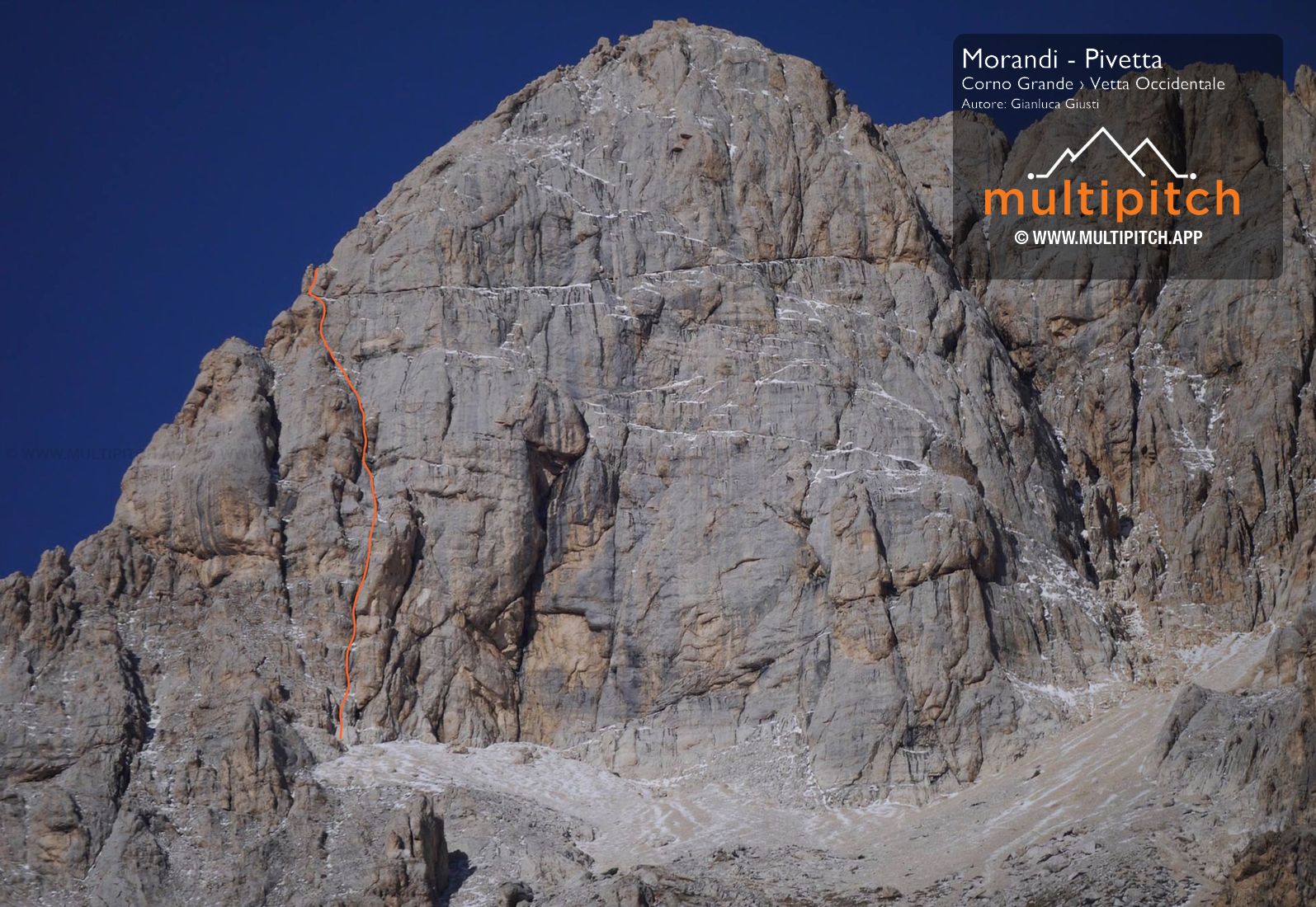 La via percorrere il centrale dei tre evidenti cammini che caratterizzano questa prima porzione della parete Est con arrampicata un po’ faticosa su difficoltà classiche. Come la “Graziosi - Alessandri” anche questa termina in corrispondenza della sezione superiore dello Spigolo SSE.