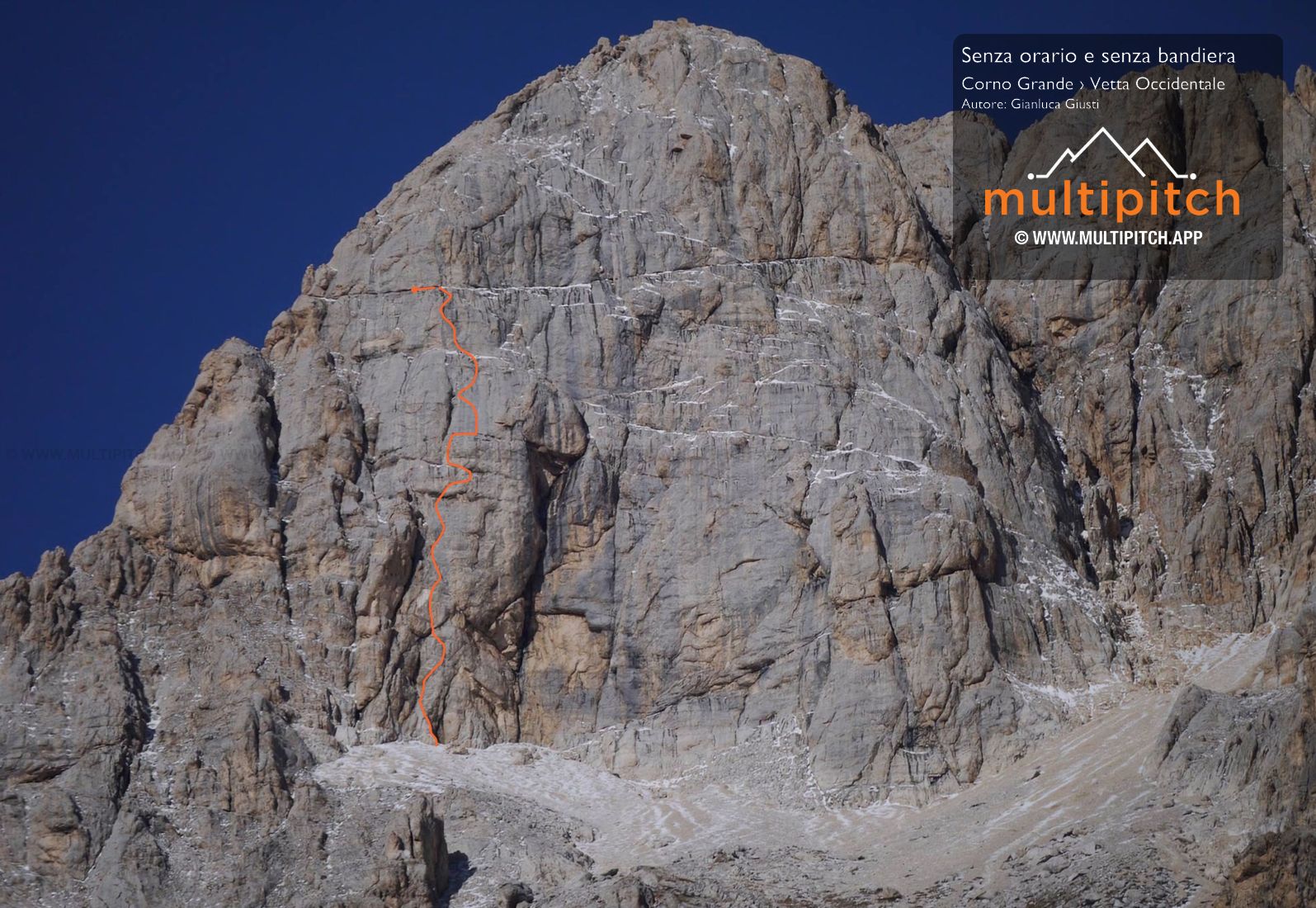 Il settore sinistro della parete Est è solcato da profondi camini d’aspetto dolomitico; a destra di questi roccia compatta, che questa via risale con arrampicata sostenuta. È la via più difficile della parete Est ma gode anche della roccia migliore ed è ben attrezzata con spit e chiodi. (Via dedicat